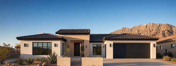 Modern single story stucco home in El Paso with desert landscaping